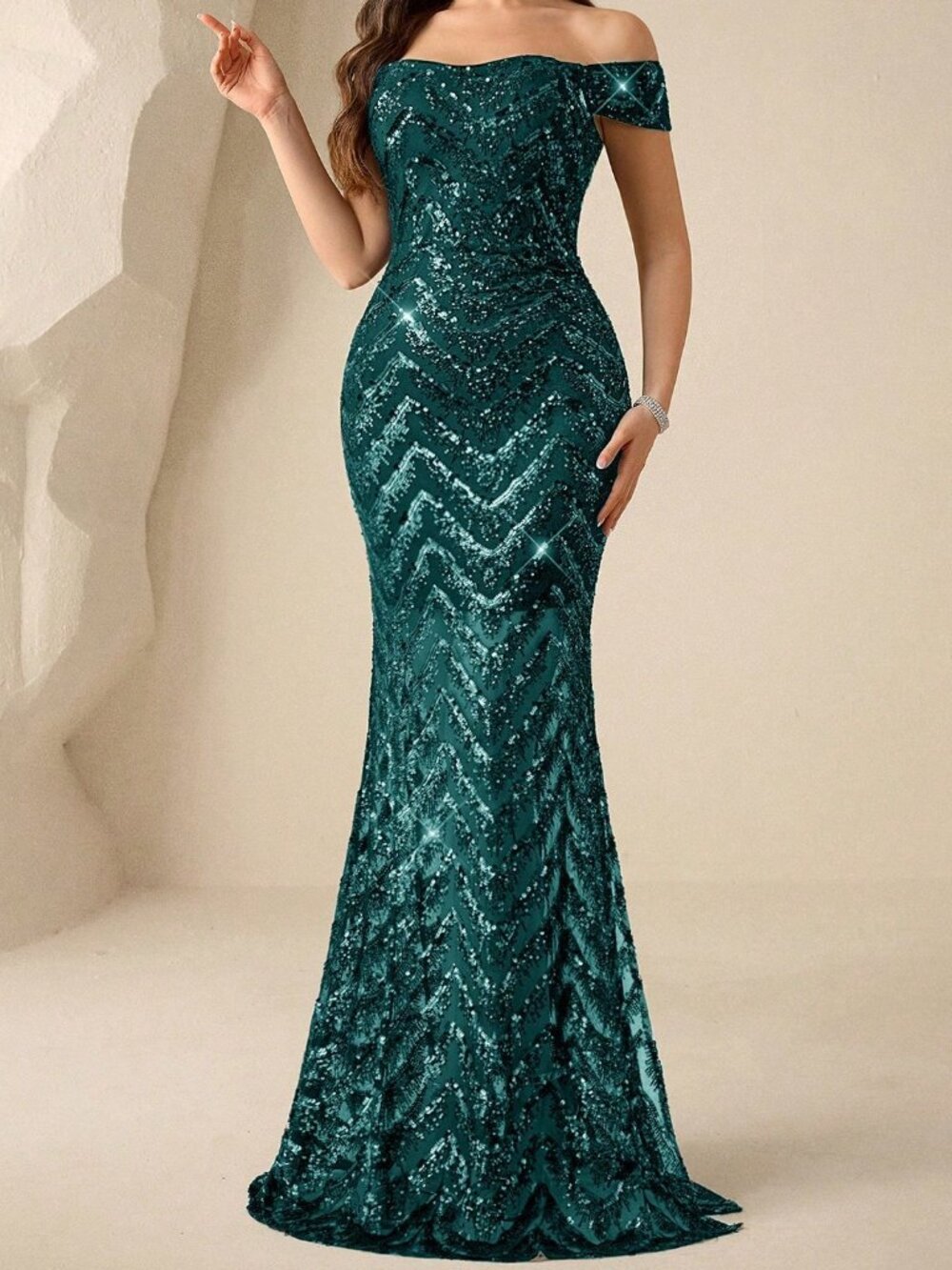 Dark Green Party Women's Sequin Off-Shoulder Split Elegant Dress